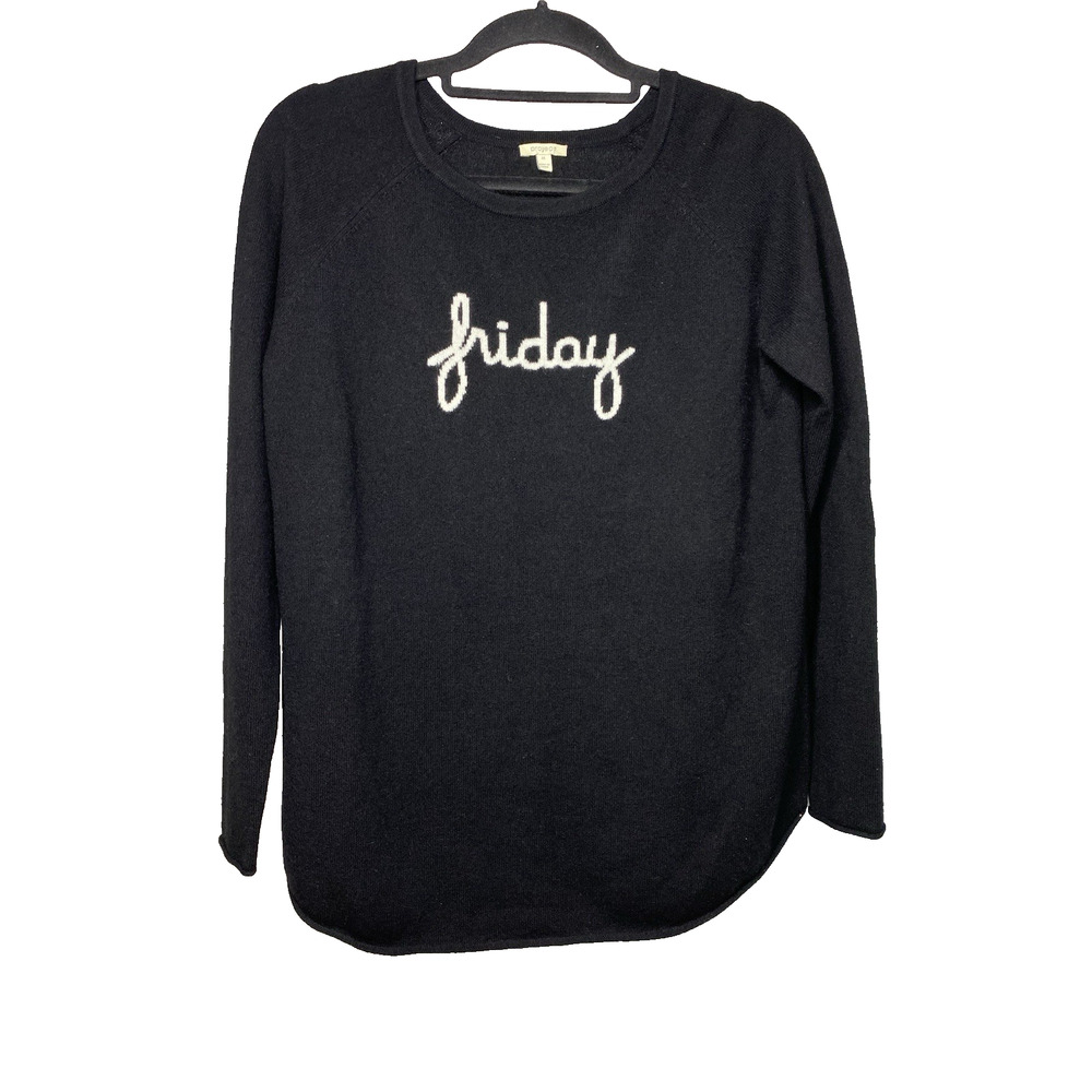 Project Women's Medium Sweater 100% Cashmere Friday Script Black Knit Cozy Warm